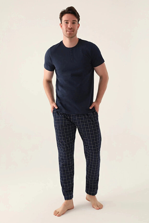 بدلة رجالية مزدوجة - أزرق داكن - 1