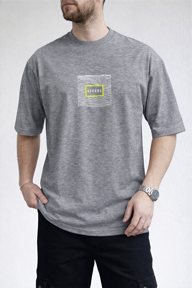 Men's Oceano Text Printed 100% Cotton Gray T-Shirt