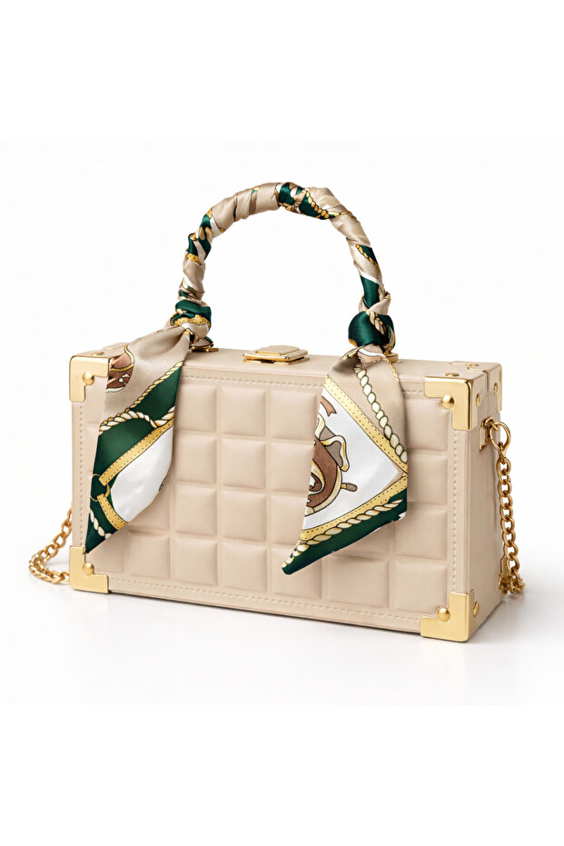 Gold Metal Cornered Quilted Box Bag – Women's Shoulder Bag with Scarf Handle and Gold Chain Strap