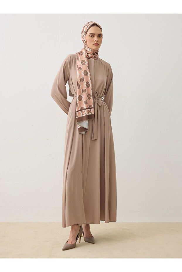 Hidden Placket Ferace with Binding Detail - Beige - Refka - 4