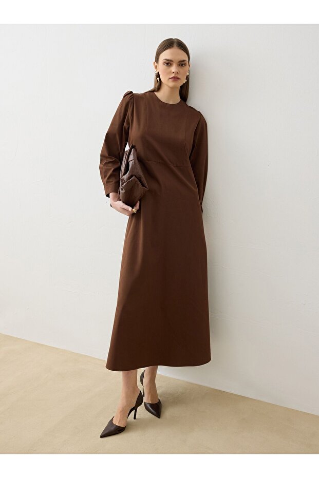 Balloon Sleeve Hijab Dress with Handle Detail - Brown -