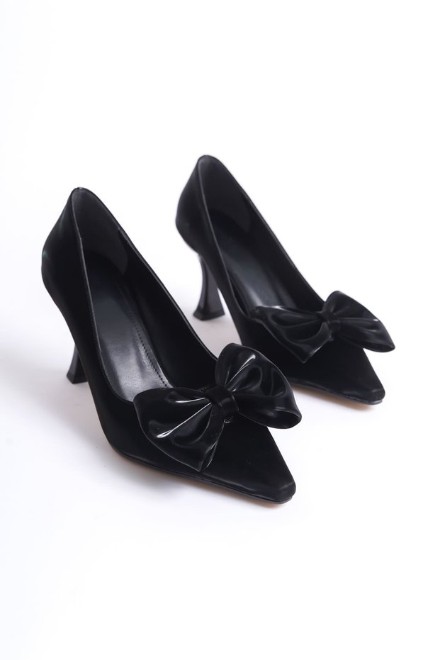 Agnes Premium Women's Bow Detailed Black Heeled Shoes