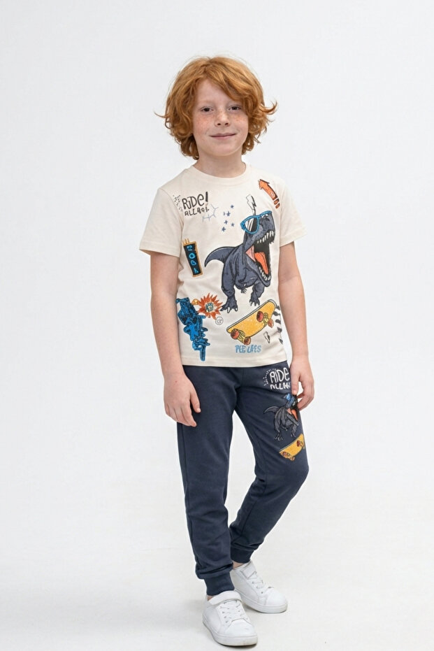 Boy's Tracksuit Set Skateboard Dinosaur Printed 2 Yarn Cotton Casual Set Anthracite