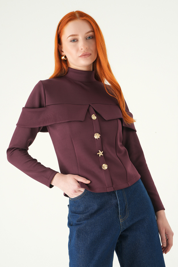 8386A بلوزة بأزرار أمامية بلون البرقوق - 7