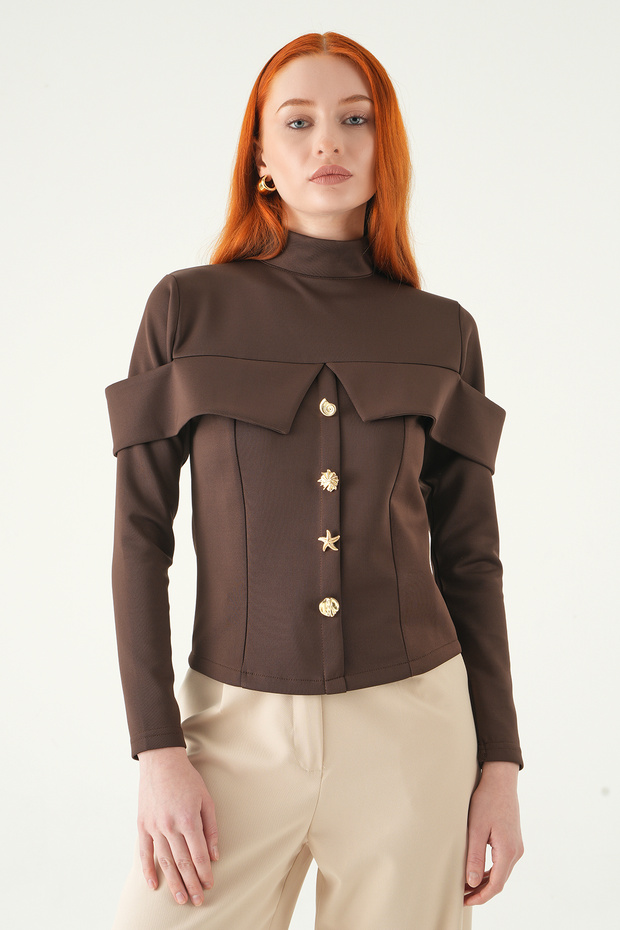 8386A Front Button Blouse Brown - 1