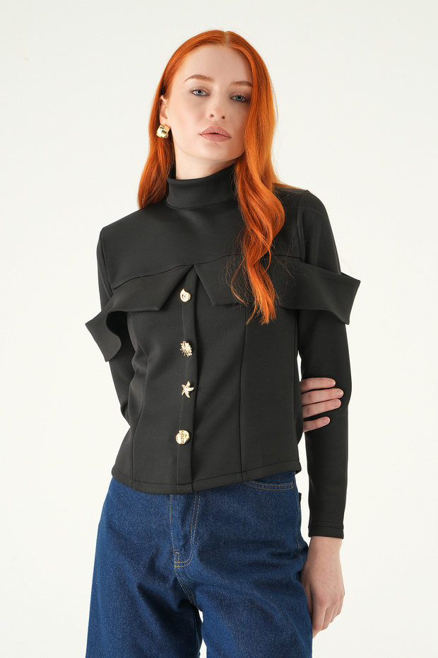 8386A بلوزة بأزرار أمامية باللون الأسود - 2