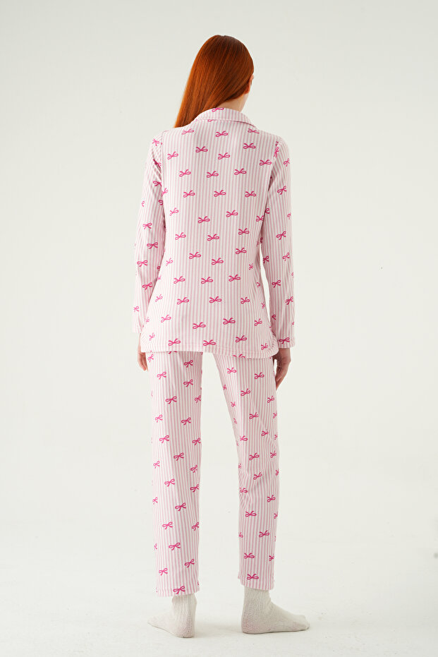 3412 Bow Pattern Buttoned Pajama Set Pink - 5
