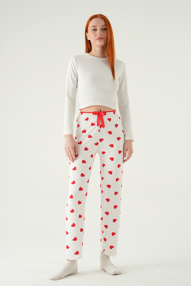 4530 Heart Pattern Pajama Bottoms White - 1