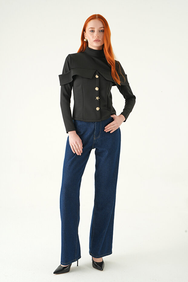 8386A بلوزة بأزرار أمامية باللون الأسود - 3