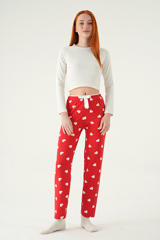 4530 Heart Pattern Pajama Bottoms Red - 1