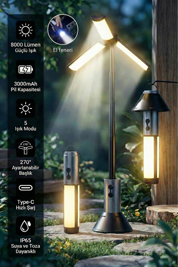 DEMPOWER Şarjlı Kamp Lambası LED El Feneri 8000 Lümen Type C 3000mAh IP65 Ayarlanabilir