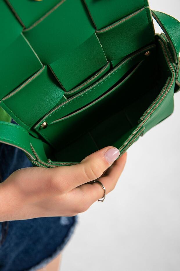 Kalın Örme Derili Yeşil Mini Kadın Çanta - 5