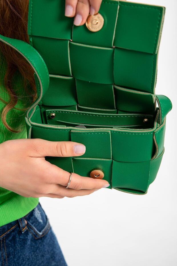 Kalın Örme Derili Yeşil Mini Kadın Çanta - 3