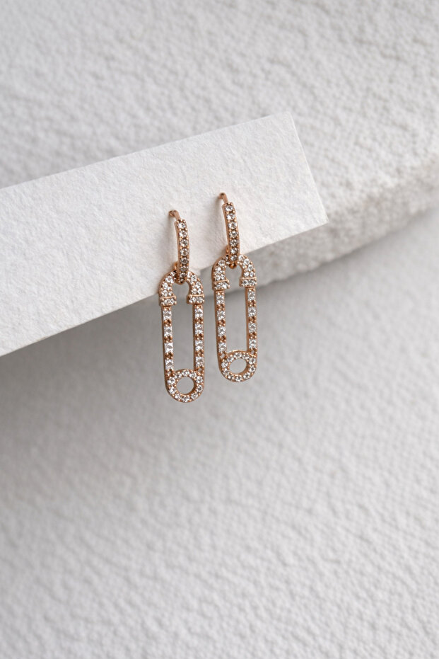 Steel Rose Gold Stone Dangle Safety Pin Earrings -Non Tarnish-