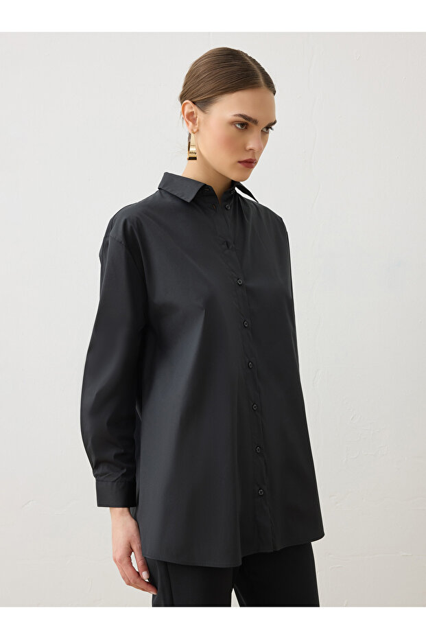 Poplin Kumaşlı Basic Bluz / Gömlek - Siyah - - 3