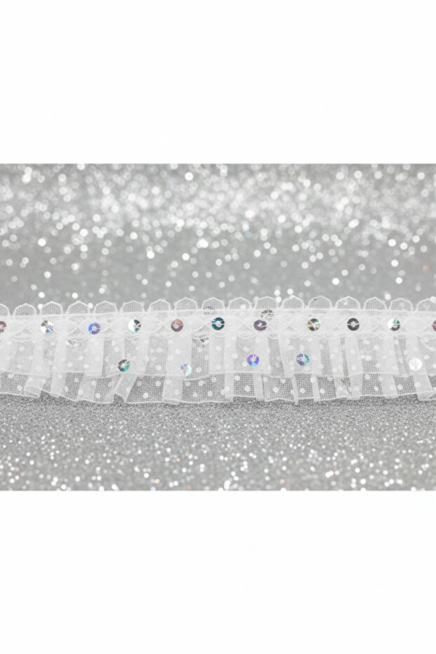 Silver Sequined Dotted Ribbon Ruffle White 3 cm X 9.5 mt 10 Yards