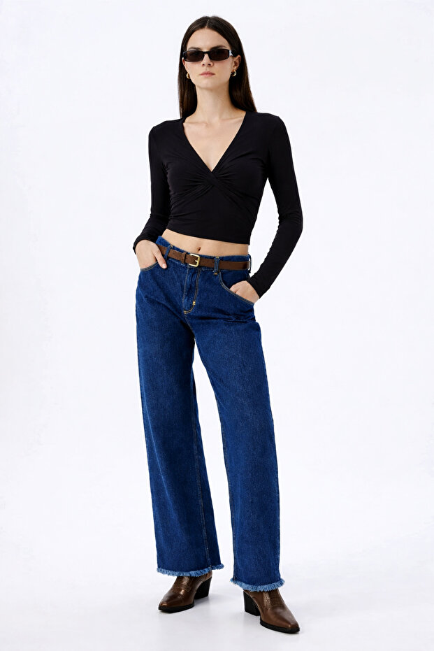 Women's Black Double-Breasted Knot Detail Crop Blouse
