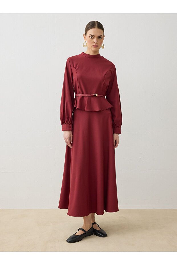 Belt Detailed Flared Shirt & Skirt Set - Burgundy -
