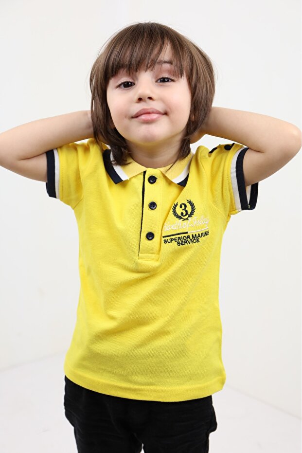 Boy's Printed Polo Neck Buttoned Short Sleeve T-Shirt