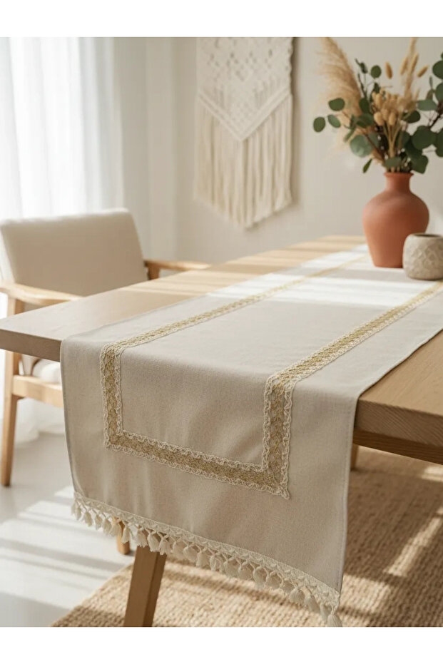 Linen Beige Color Jute Lace Pompom Runner 50 X 150