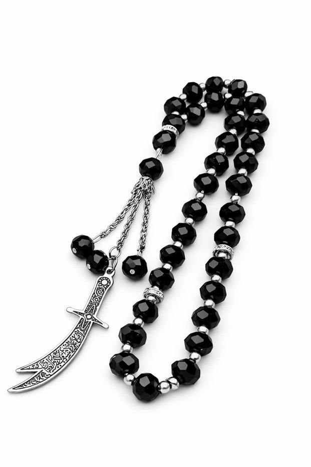 Silver and Cyan Color Zulfi̇kar Special Design Men's Prayer Beads with Zircon Detail and Tassel