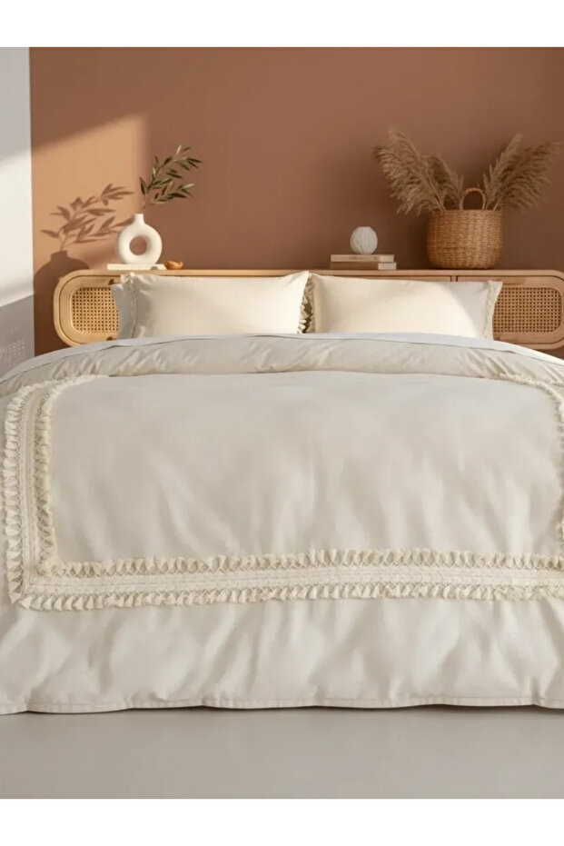Raw Linen Cream Pompom Double Duvet Cover Set