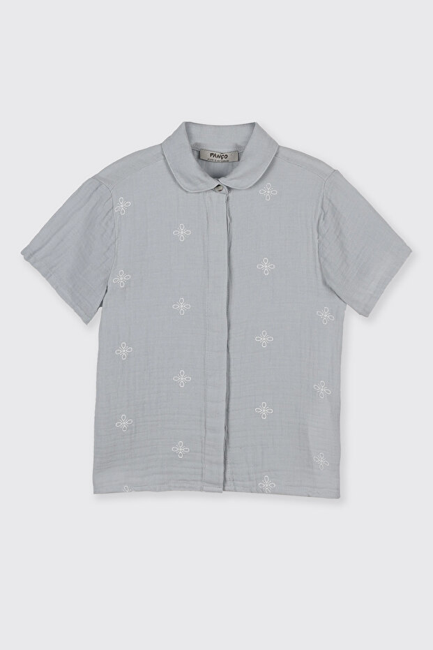 Girl's Embroidery Detailed Muslin Blue Shirt