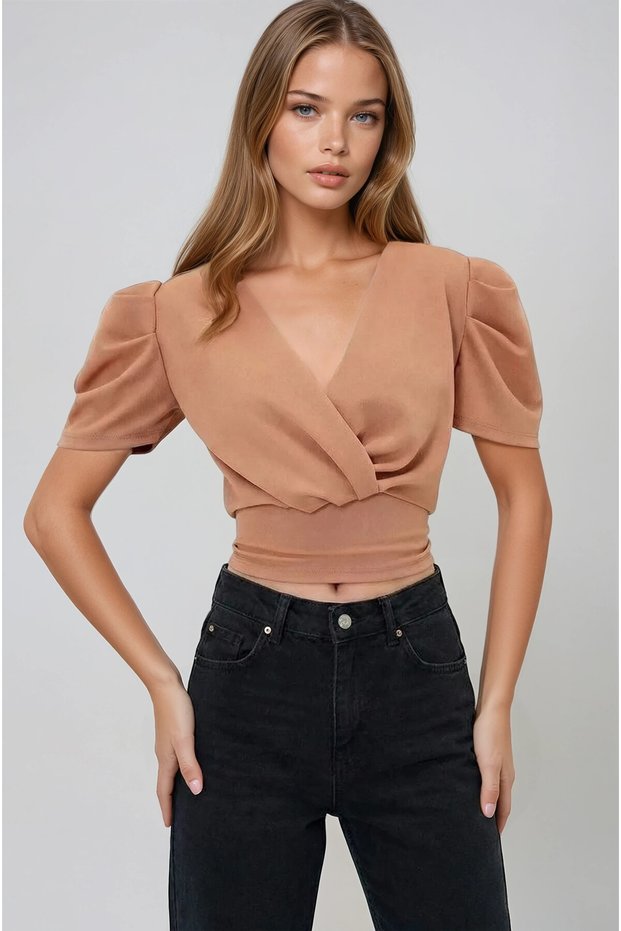 Women's Double-Collar Princess Sleeve Waist Pleated Flexible Fabric Bluz