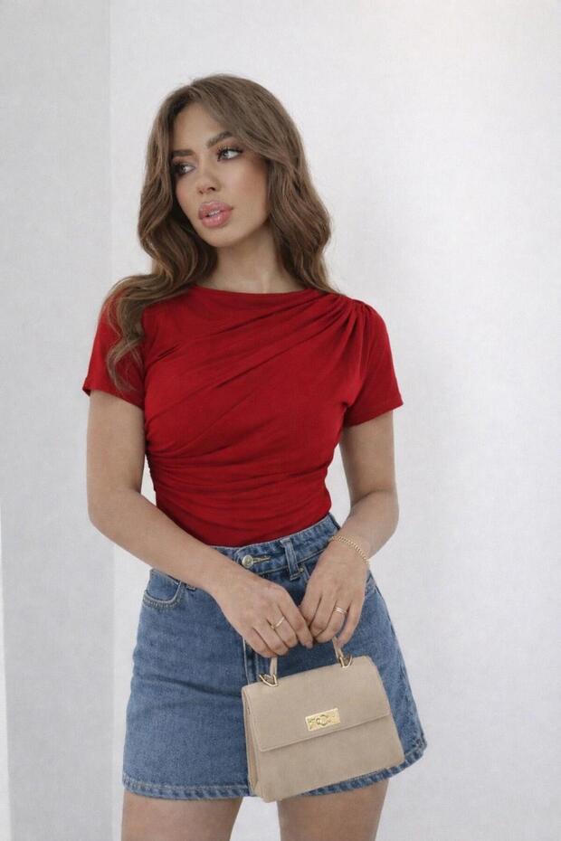 Women's Crew Neck and Waist Drawstring Sandy Fabric Short Sleeve Blouse