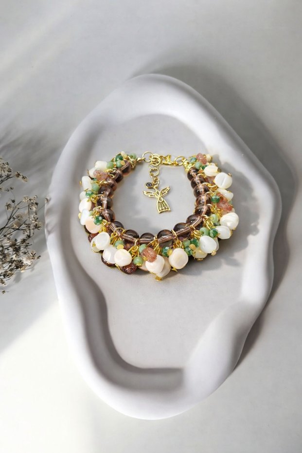 Handmade Ornate Adjustable Bracelet with Pearlescent and Strawberry Quartz Stones and Angel Charm, Special Design