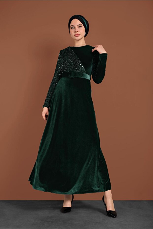 PULLU KADİFE ELBİSE 40299 - 1
