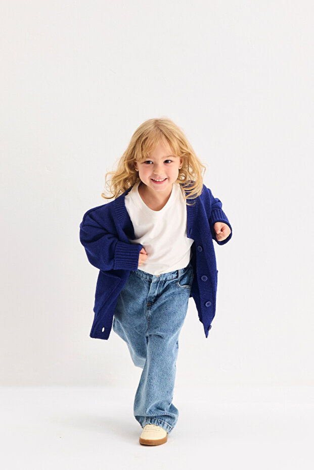 Yünlü Oversize Triko Hırka Mavi - 3