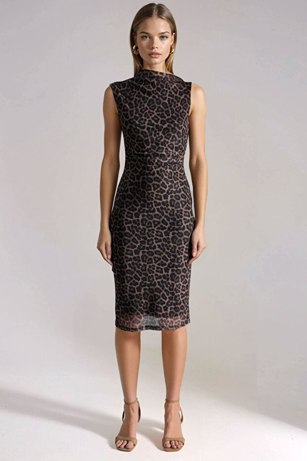 Drapeli Desenli Midi Elbise - 7