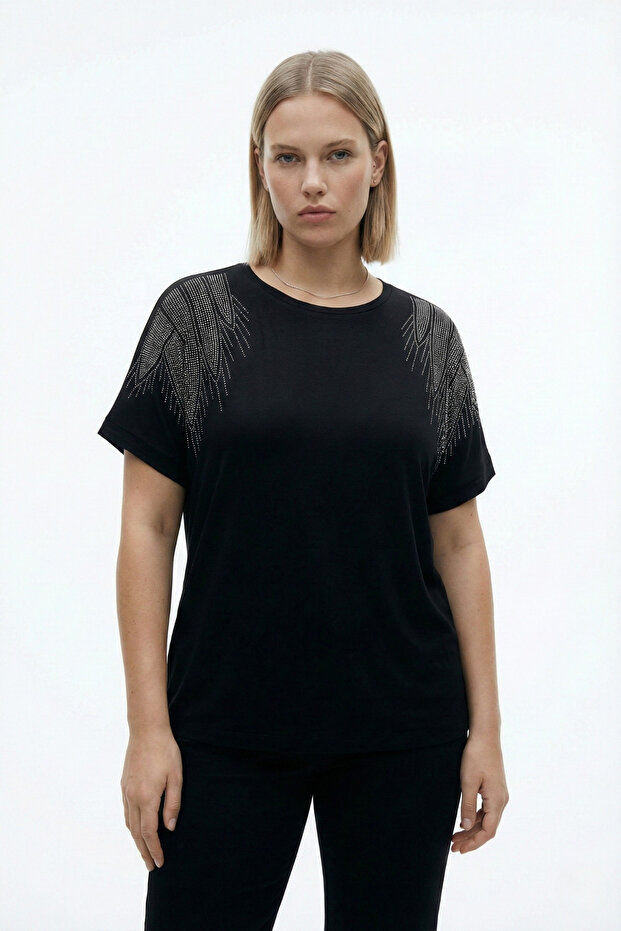 Stone Detail Design Bamboo Fabric Bat Sleeve Blouse M-6Xl