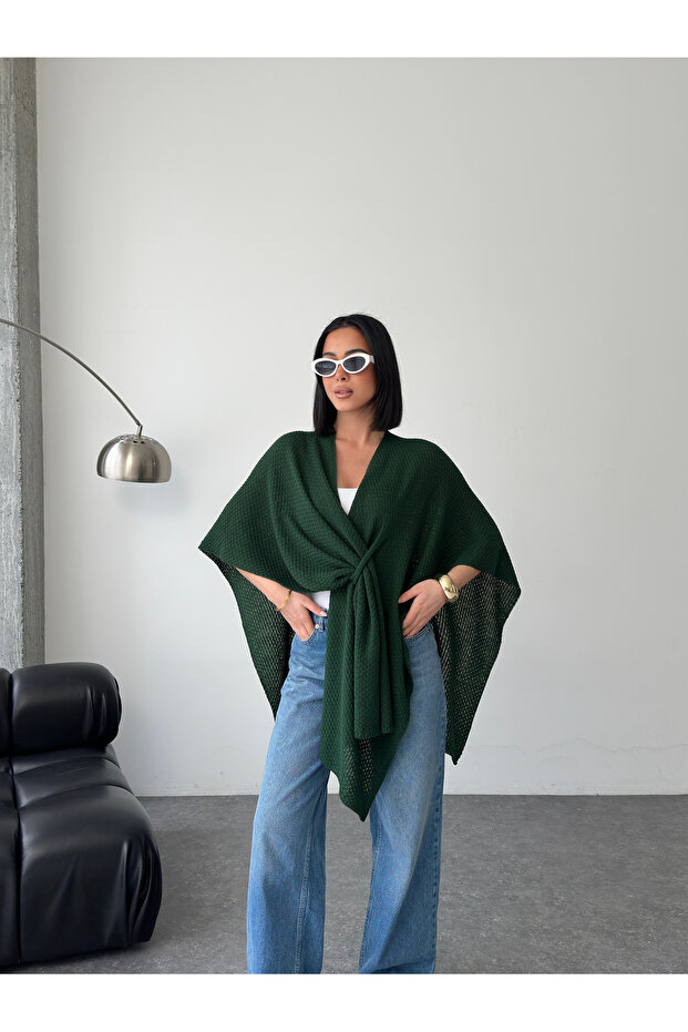 Women's Emerald Green Front Detailed Poncho Cardigan