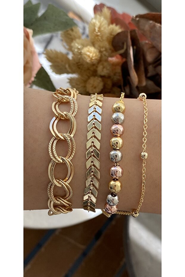 Women's Yellow Plated 4-Piece Combination Chain and Dorica Bracelet Set