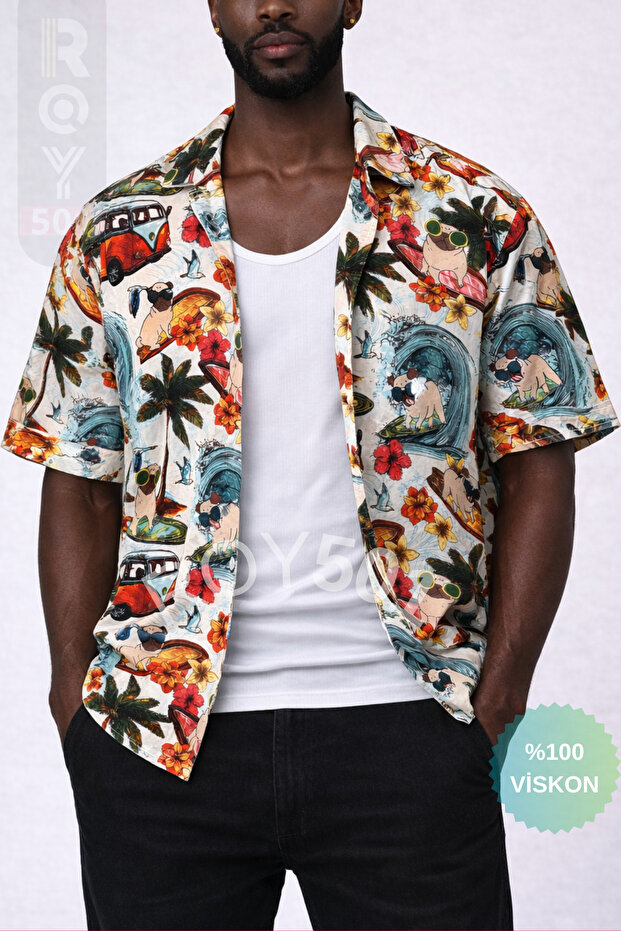 Men's Short Sleeve Shirt Pug Red Patterned Short Sleeve Shirt Summer Shirt Men's Oversize Shirt