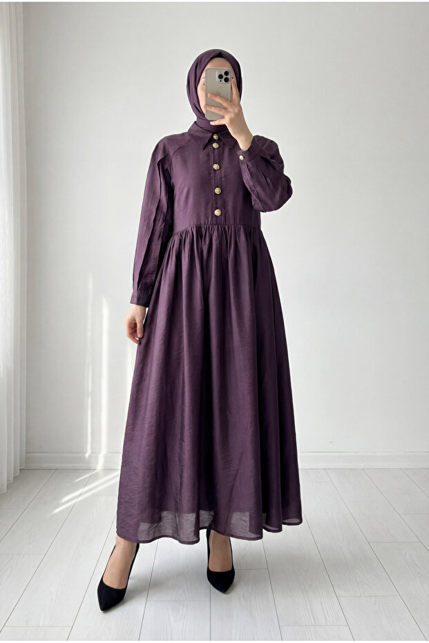 Açılay Gold Buttoned Half-Pleated Dress-Şa1146 Plum