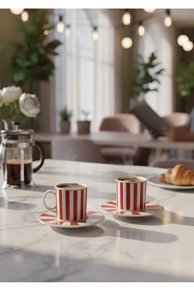 Red Striped Patterned 2-Piece Porcelain Cup Set - Set for 2 People - Presentation Gift