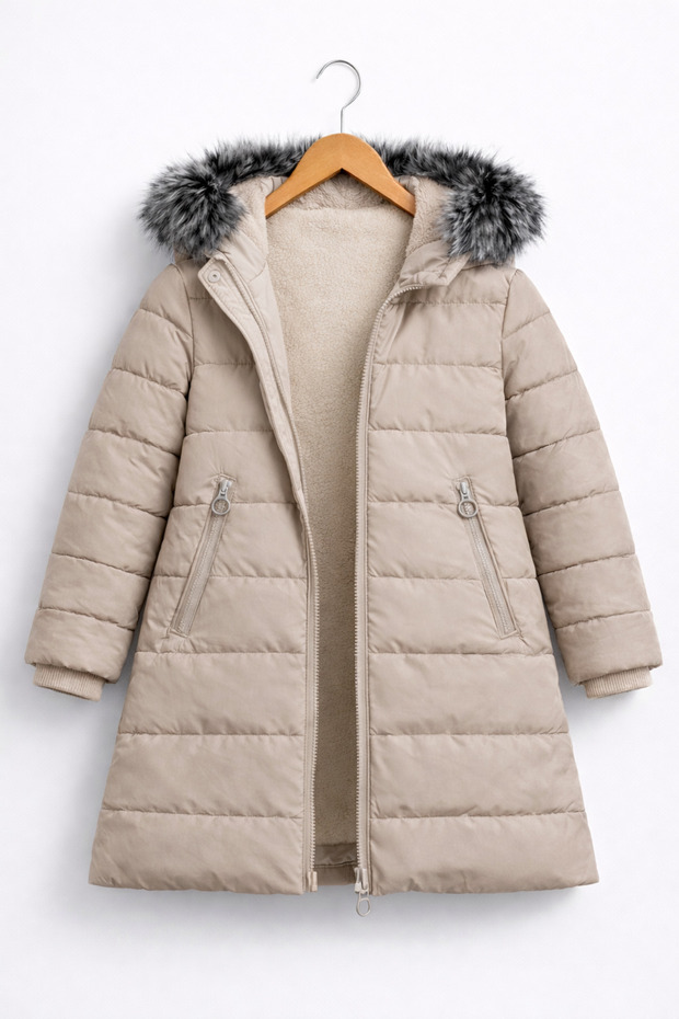 Girl's Cream Puffer Coat Hooded Fur Winter Long Model