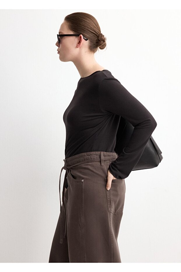 Kordonlu geniş paça jean pantolon - 6