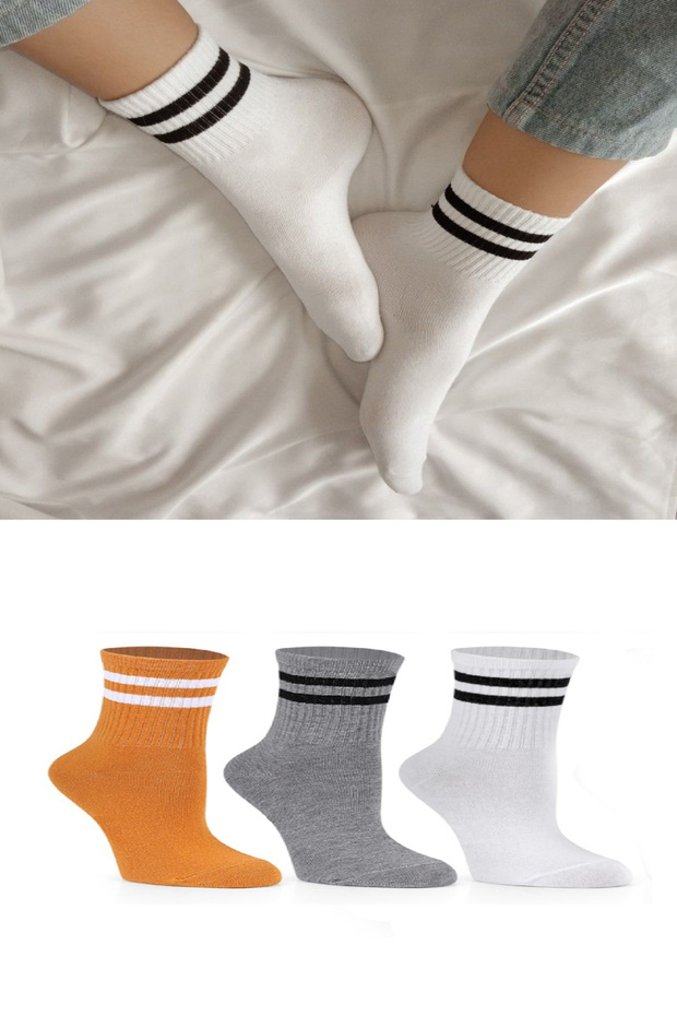 3 Pairs Striped College Socks Yellow Gray White Cotton Tennis Socks Set