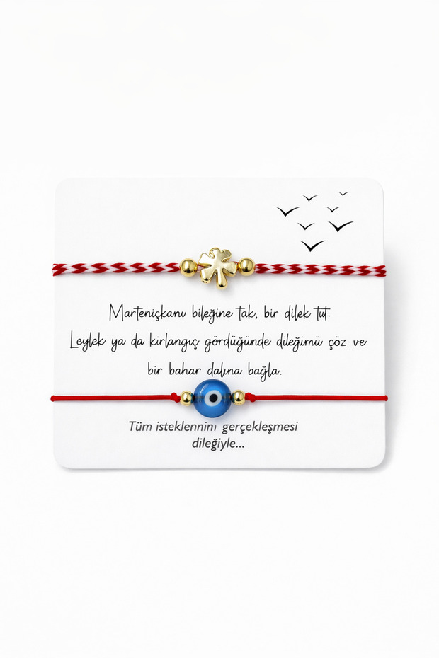 Red and White Marteniçka 2-Piece Bracelet Set - Evil Eye and Clover Detail