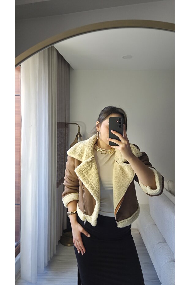 Béžová Cyklistická bunda My Bella Boutique Fur Collar Suede - 5