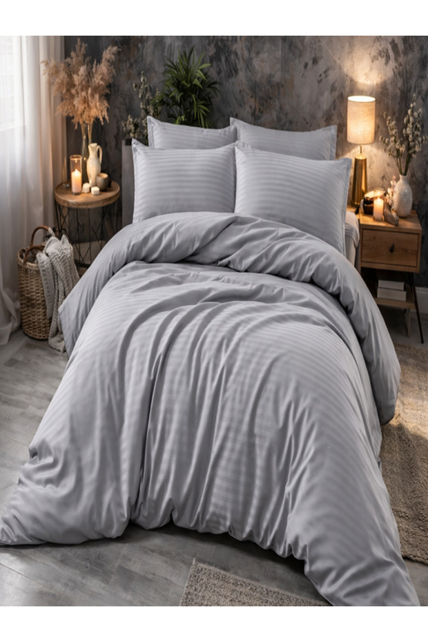Striped Cotton Satin Dark Gray Hotel Series Single Duvet Cover Set with Elastic Sheets
