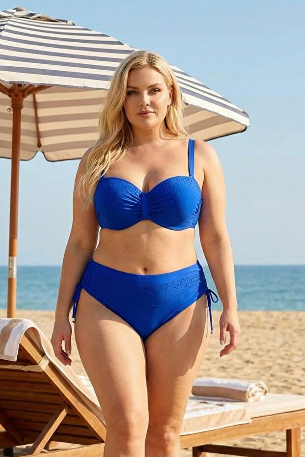 Women's Cobalt Blue Stone Embroidered Lined Bikini Suit Hzl25S-Lc3361