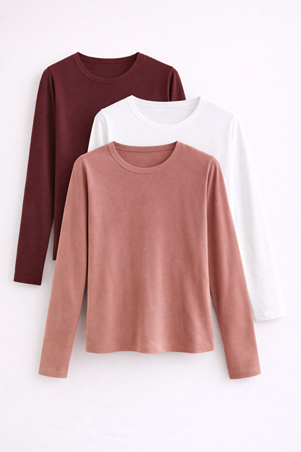 Women's Long Sleeve Cotton Basic Slim Fit 3-Piece Blouse