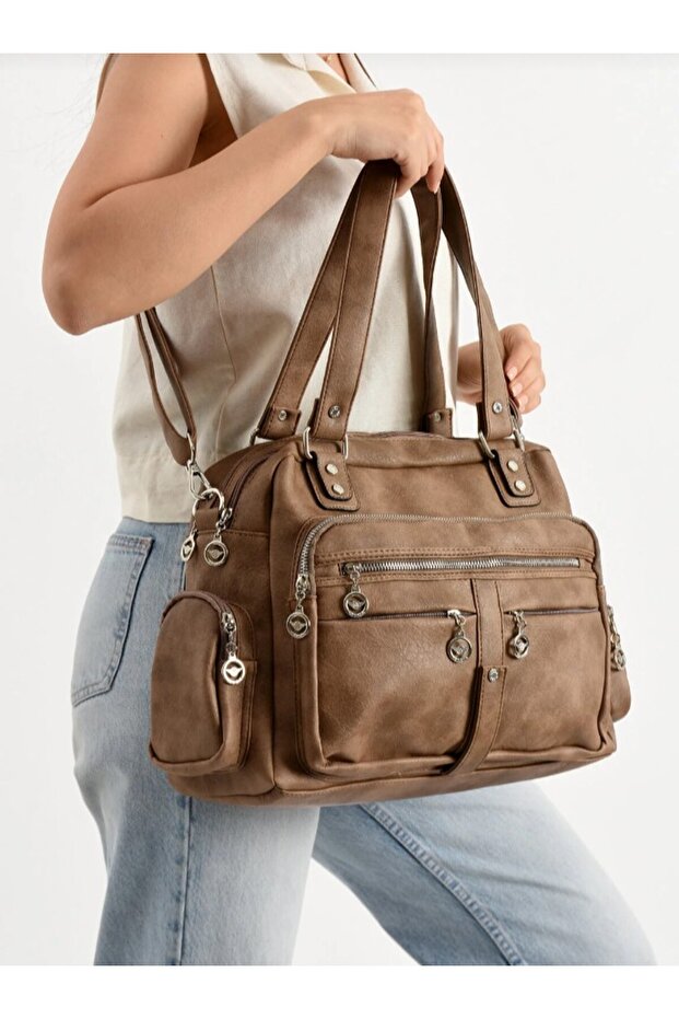 Brown Mega Multi-Compartment Wash Leather Shoulder Bag - 2