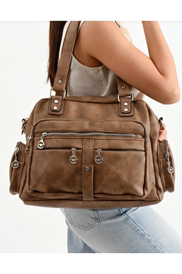 Brown Mega Multi-Compartment Wash Leather Shoulder Bag - 1