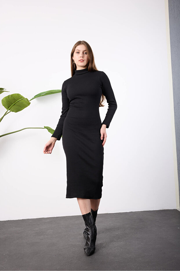 - Turtleneck Midi-Length Ribbed Knit Pencil Dress